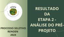 Card verde com a logo da Renoen/Polo UFRPE e os dizeres Resultado da Etapa 2 - Análise do Pré-Projeto